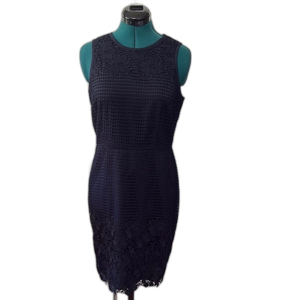 Ann Taylor Petite Navy Lace Sheath Dress 8P Crochet Detail Work Office Wedding